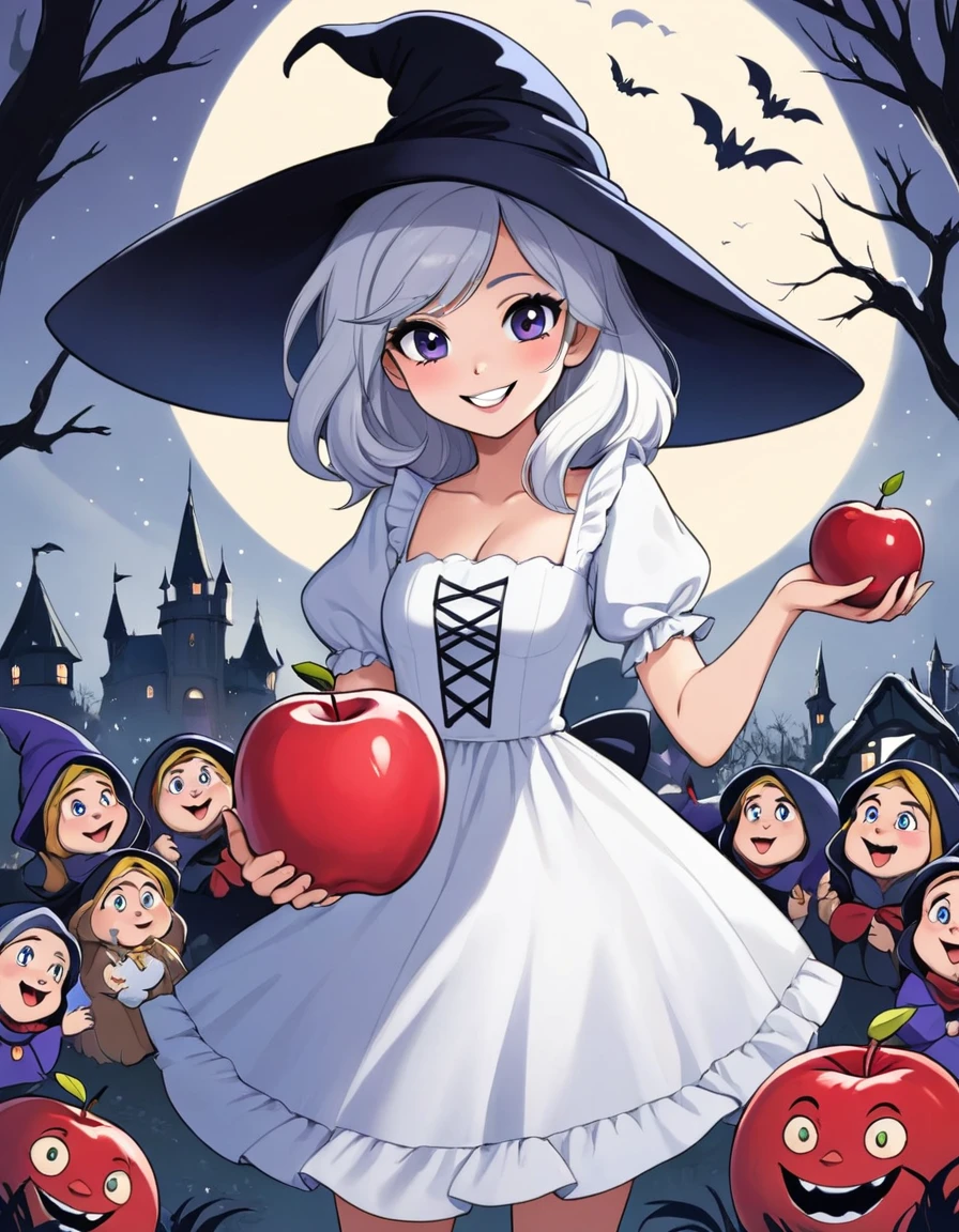 fairy tale　snow white　A cute beautiful girl wearing a cute white dress　Adorable smile　Black scary face witch　Handing the apple to the girl　The Seven Dwarfs