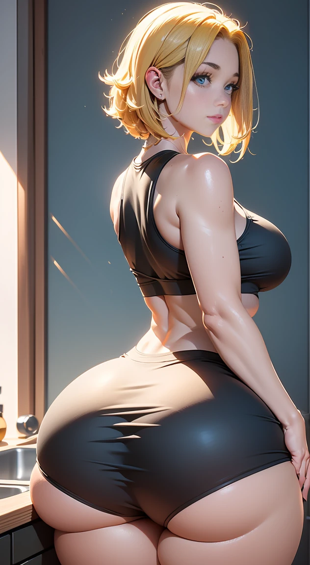 POV: ((((Huge gigantic ass)))) blonde hair, crop tank top, micro mini shorts, skinny, slim thick, small waist, 8k, UHD, (curvy accentuated and lifted booty), window view kitchen background