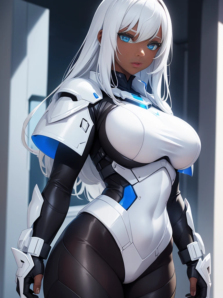 girl, With big breasts, with futuristic white armor, blue eyes, for white, dark ebony skin