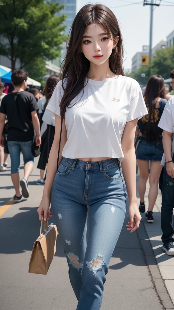 A classic white tee and distressed jeans look.、A single woman who exudes confidence and effortless style(1 Female)A masterpiece that captures the essence of(quality:1.2)。Her minimalist makeup style highlights her natural beauty..、Her messy hairstyle lends a casual charm。The scene was、Located in the vibrant surroundings of music festivals and the trendy downtown district。photograph、In its highest quality resolution、beautiful, Modern and easygoing encapsulation