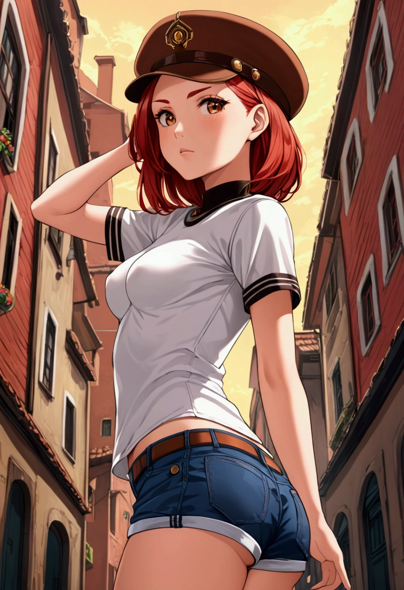 short, redheadwear, slickedback hair, eyes browns, big-ass, Small breasts, wearing very short shorts and a shirt that touches the breasts.