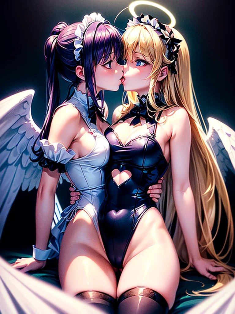 Highest quality,Highest Resolution,(((A beautiful girl with blue eyes and blonde hair in a maid leotard and white angel wings on her back)))and(((A beautiful girl with red eyes, purple hair, and black angel wings on her back in a gothic lolita leotard)))are having sex in the face-to-face cowgirl position,saliva,(((Halo))),smile,Frills,Knee-high stockings,A distant view,(((kiss))),(((salivaを垂らす))),