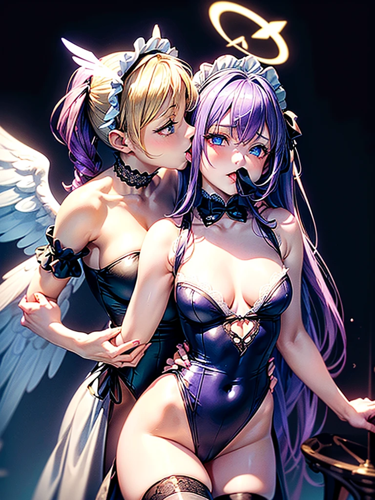 Highest quality,Highest Resolution,(((A beautiful girl with blue eyes and blonde hair in a maid leotard and white angel wings on her back)))and(((A beautiful girl with red eyes, purple hair, and black angel wings on her back in a gothic lolita leotard)))are having sex in the face-to-face cowgirl position,saliva,(((Halo))),smile,Frills,Knee-high stockings,A distant view,(((kiss))),(((salivaを垂らす))),