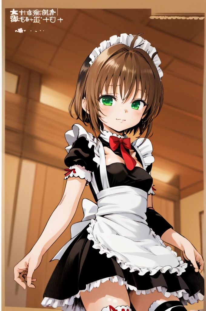 masterpiece, best quality, highres, kinomoto sakura, 1girl, brown hair, short hair, antenna hair, , green eyes, , black thighhighs, , standing,(((maid costume))),miniskirt,small breasts,gothic