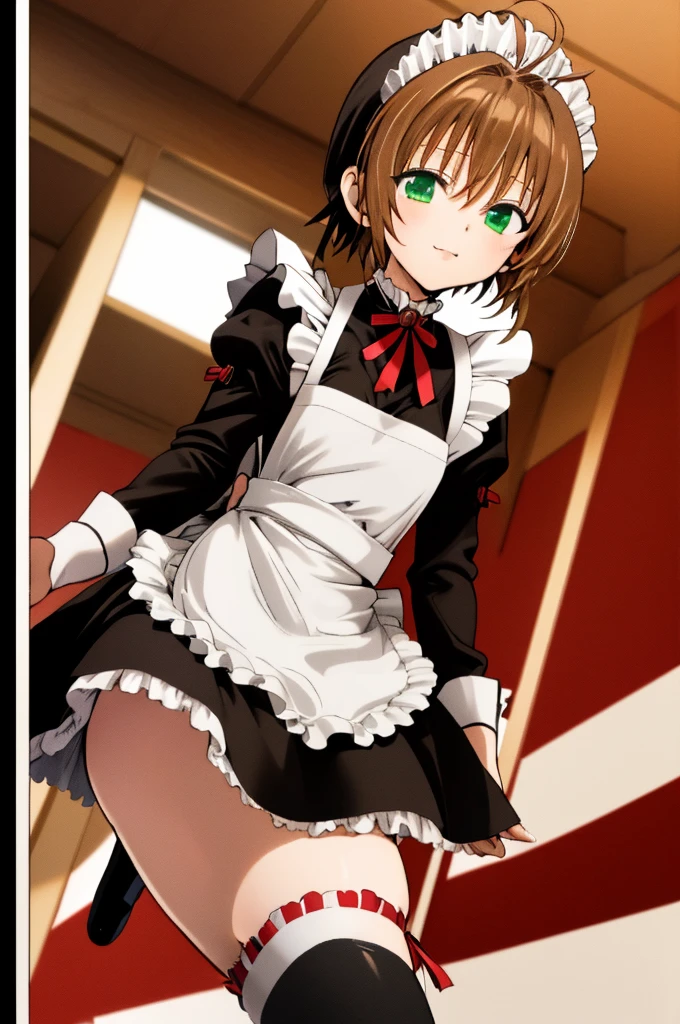 masterpiece, best quality, highres, kinomoto sakura, 1girl, brown hair, short hair, antenna hair, , green eyes, , black thighhighs, , standing,(((maid costume))),miniskirt,small ,gothic