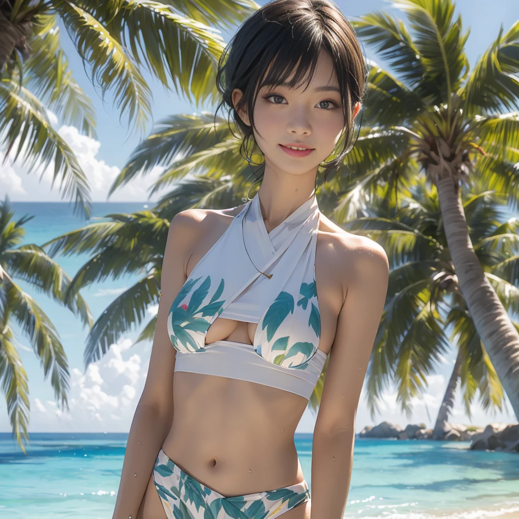 ((highest quality, masterpiece, High resolution)), ((reality)),Photos of beautiful Japanese women,((anime art))、 (((1 girl))), normal size breasts, slim body shape, medium short hair, double eyelid, Wet see-through micro bikini, A pareo with bold ethnic patterns and plenty of primary colors、realistic skin、Wet,whole body,cinematic light、tropical、Against the background of palm trees on both sides、on a sunny beach、With the sea in the background、blur background、smile