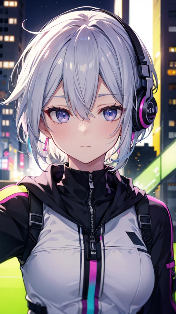 Gray Hair　Short Hair　sniper rifle　Close one eyes
rooftopSailor suit　Shiny Earrings　Neon green Neon purple　Sweat　A tense look　Also funny Face　Headphones Foodie