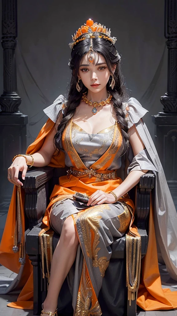 (P.O.V)long shot,beautiful smiling queen,hand holding a ((grey scepter)) decorated with carvings and ((orange jewels)), wearing a necklace decorated with ((orange jewels)),((black hair in a bun)) decorated with ((orange jewels)), wearing a ((grey crown)),((wearing grey long queen clothes with a ((very high and wide turn up collar)) decorated with gold)),((wearing high heels)) decorated with ((orange jewels)),sitting on a royal throne full of carvings,((grey ancient intricate room palace background)), medium breasts,realistic 4D photography,UHD 32k,bottom view,zoom out view,sharp resolution,ultra detailed.