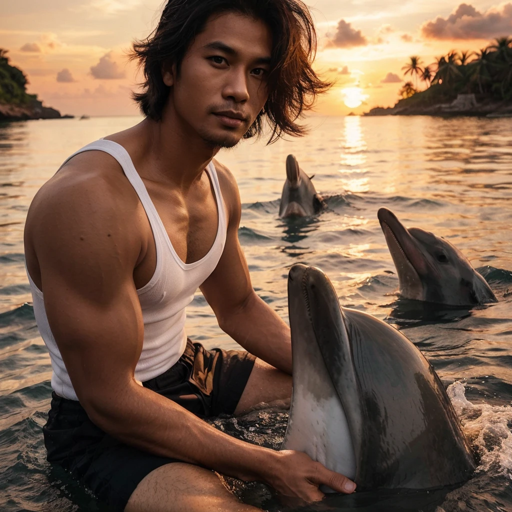 A handsome 30-year-old Indonesian man with layered hair, wearing a white singlet and black shorts, is playing with dolphins in the middle of the sea. The background is a sunset