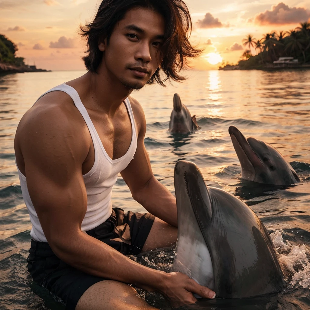 A handsome 30-year-old Indonesian man with layered hair, wearing a white singlet and black shorts, is playing with dolphins in the middle of the sea. The background is a sunset