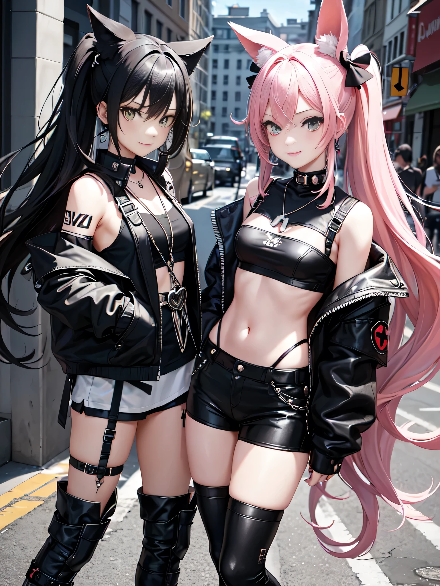 Character description:

    Hair and Hairstyle:
        Long wavy pastel pink hair.
        Black bows on both sides of the head, one on each side.

    Face and Expression:
        Youthful and lively face.
        Flirtatious smile and a wink in his left eye.
        Vibrant green eyes with an enthusiastic glow.

    Outfit:
        Short black jacket that exposes the shoulders.
        White cropped t-shirt with a black graphic design.
        Black shorts with lace details and various straps and buckles.
        High black boots.

    Accessories:
        Necklace with a heart-shaped pendant.
        Yellow earrings.
        Small green backpack in the shape of a rabbit with a red cross in one eye and black and white details.

    Equipment:
        Large dark metal box with symbols and letters.

Context and Style:

    Character with a confident and outgoing attitude.
    Punk and rebellious style, with kawaii touches.
    Futuristic or urban fantasy world.
    Central figure in a team of adventurers or in a story of action and exploration.

