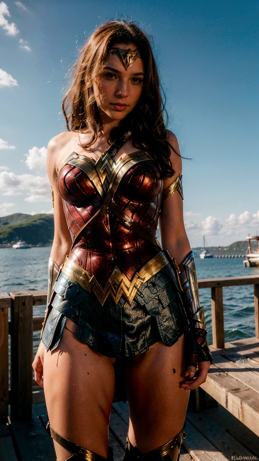 ((masterpiece), (solo character), (photorealistic:1.4), ),(best quality), (epiCRealLife), (g4lg), (g4lg large breasts), (g4lg show cleavages), (Gal Godot in wonder woman costume), (lora:epiCFlashPhoto),(flashphoto), (flash photography) (look at viewers), , (photoshoot), (wonder woman theme), (outdoor), (daytime), (Gal Godot lakeside), (g4lg lying on pier),  (poses for pictures)