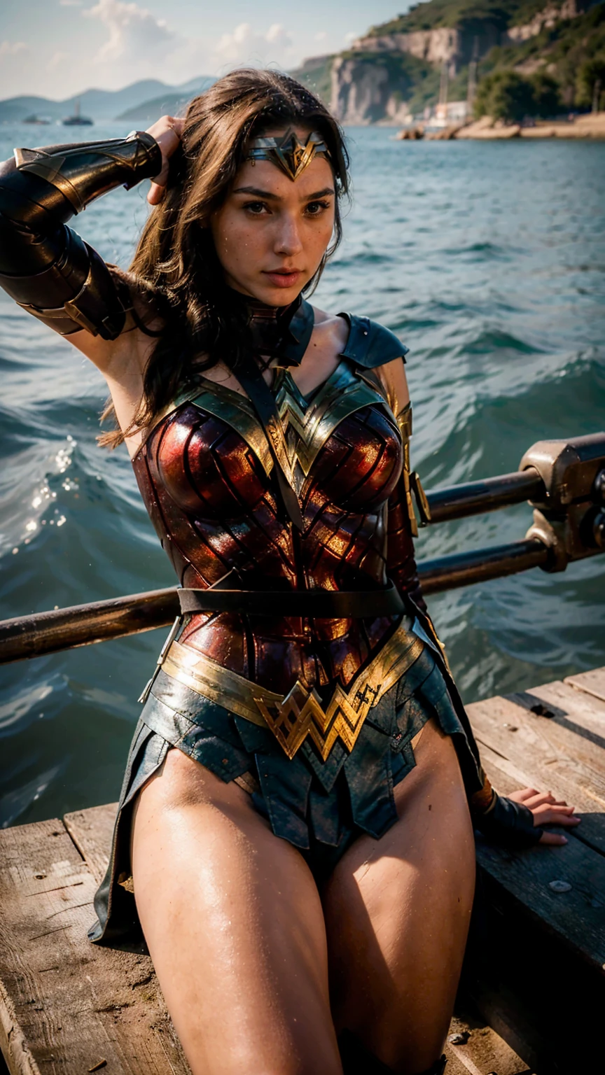 ((masterpiece), (solo character), (photorealistic:1.4), ),(best quality), (epiCRealLife), (g4lg), (g4lg large breasts), (g4lg show cleavages), (Gal Godot in wonder woman costume), (lora:epiCFlashPhoto),(flashphoto), (flash photography) (look at viewers), , (photoshoot), (wonder woman theme), (outdoor), (daytime), (Gal Godot lakeside), (g4lg lying on pier),  (poses for pictures)