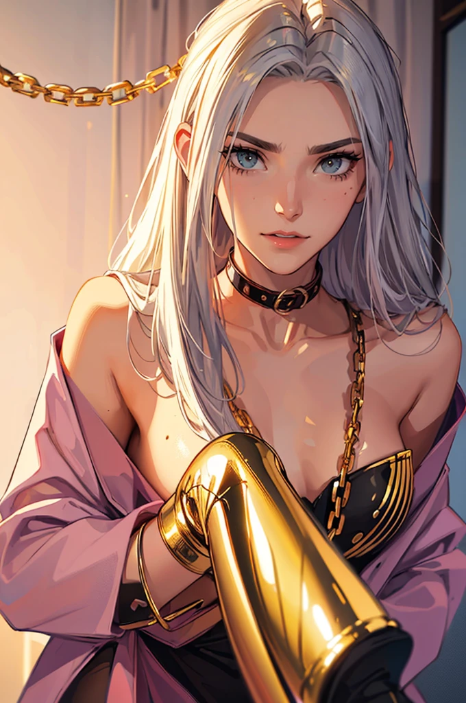 （lifelike， high - resolution：1.3）， 1 girl with a perfect body，slender body, Super fine face and eyes，assasin, dark makeup, shiny skin，white hair, ( demons, beautiful captured girl, horror, dark, sexy, rough, , bdsm, golden chains, (golden leash), collar, beautiful bodies, slim, horror style, highly detailed faces, red silk underware, stockings, leather tight boots, closeup