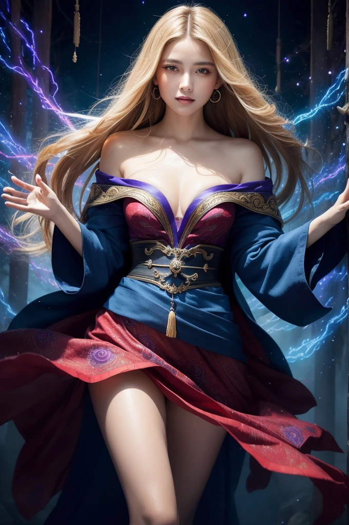 Japanese,Powerful wizards, Standing in the mysterious sky. A loose robe decorated with symbols, Outstretched arms, Eyes glowing with mystical energy. When a spell falls from your lips、, Vibrant, Dark magic swirls appear in the air, Red and blue hues pulsate. The allure permeates, make flowers bloom, Awe-inspiring creatures. Magical Energy Dance Whispers, Discover hidden areas, Revealing the secret. Capture the essence of this enchanting moment, Mystical powers of dark magic、Bring your canvas to life with the Highest quality and detail. Highest quality, masterpiece, 超High resolution, (Realistic:1.4), RAW Photos, Sharp focus, Blonde,Beautiful woman,High resolution, Fine skin.