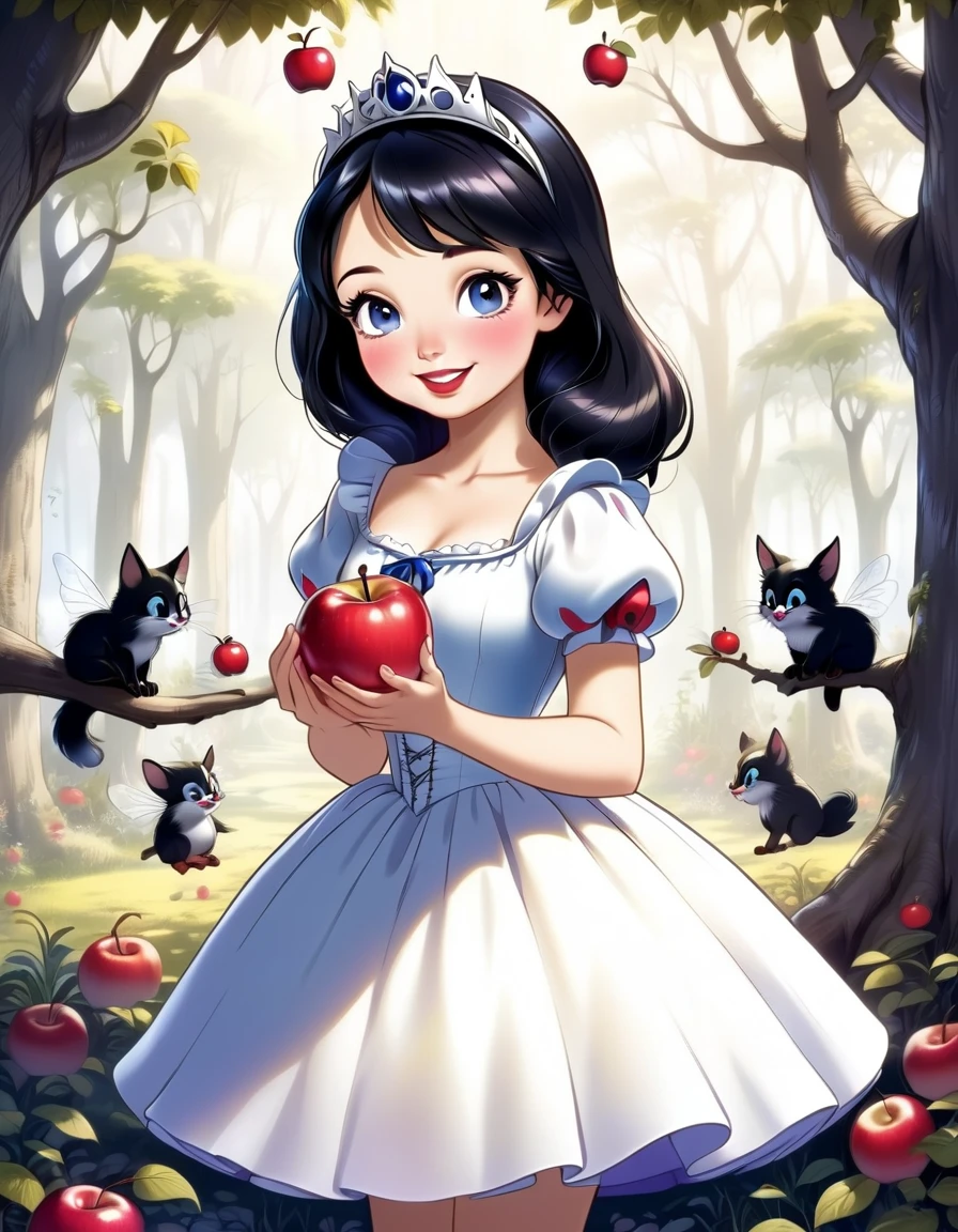 fairy tale　snow white　A cute beautiful girl wearing a cute white dress　Adorable smile　Black scary face witch　Handing the apple to the girl　The Seven Dwarfs