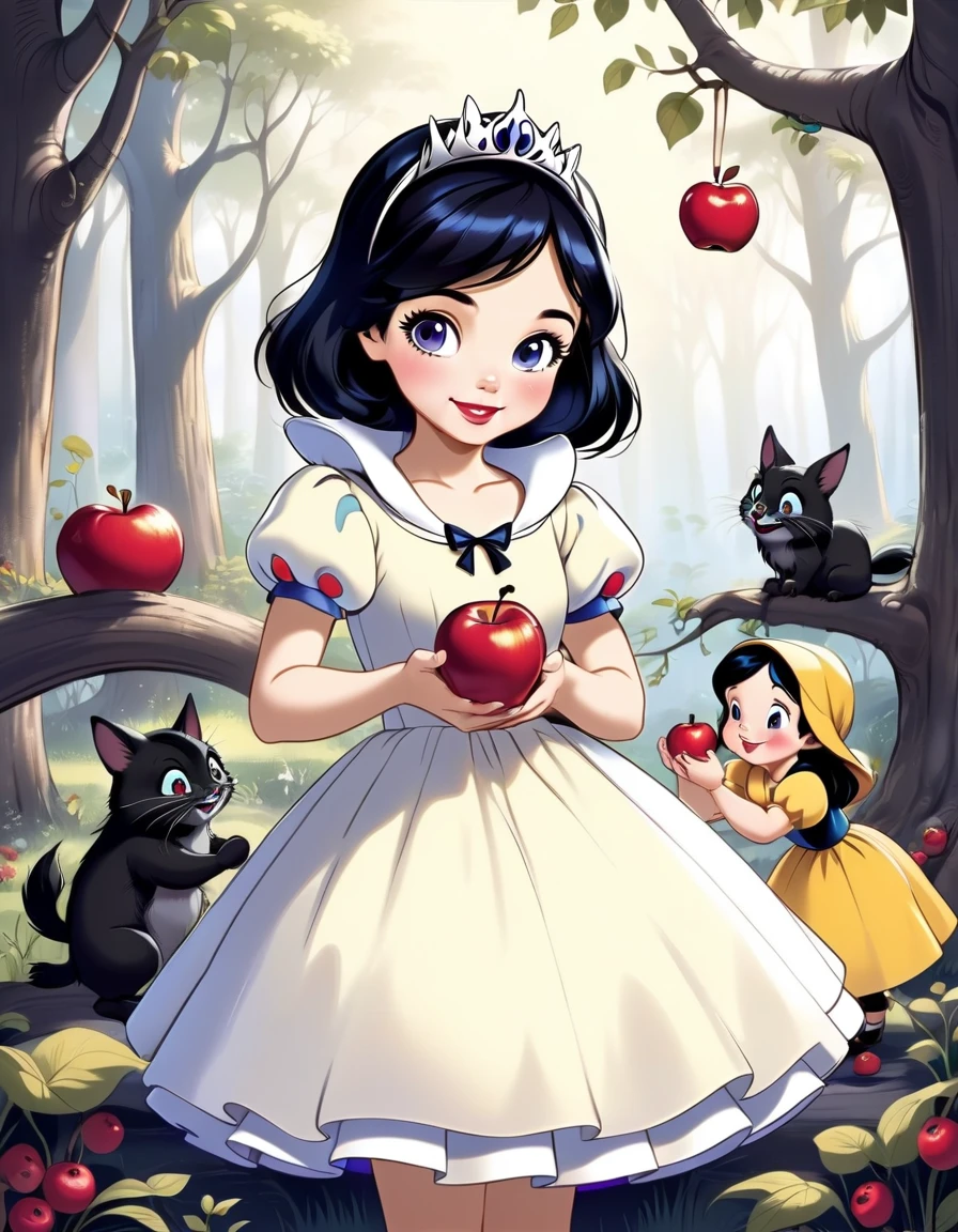 fairy tale snow white A cute beautiful girl wearing a cute white dress Adorable smile Black scary face witch Handing the apple to the girl The Seven Dwarfs