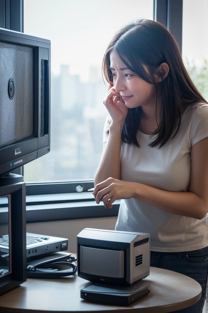 Woman cries as she throws broken desktop PC out of window