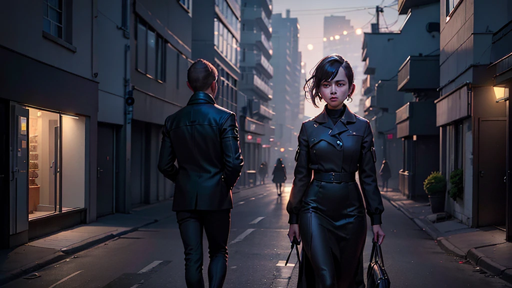 A young woman with a determined expression, dressed in modern and elegant clothes, walking through a busy city. In the background, the silhouette of an old house with shadows of family members looking enviously. The city should be illuminated with bright lights, highlighting the contrast between her dark past and her successful present.