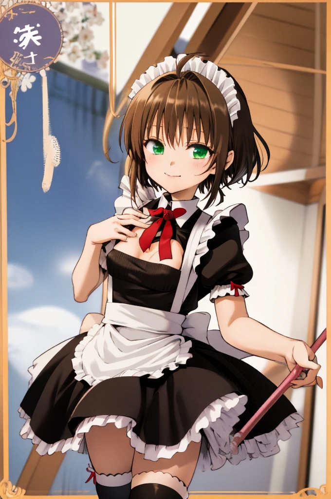  highres, kinomoto sakura, 1girl, brown hair, short hair, antenna hair, , green eyes, , black thighhighs, , standing,(((maid costume))),miniskirt,small breasts,gothic