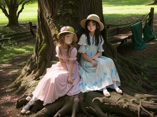 two girls sitting on a tree trunk in dresses and hats, girls resting, sitting under a tree, young girls, two girls, inspired by Kate Greenaway, modeling for dulce and gabanna, in the park, in a tree, beautiful girls, cute girls, tree's, in a park, sitting in a tree, photoshoot