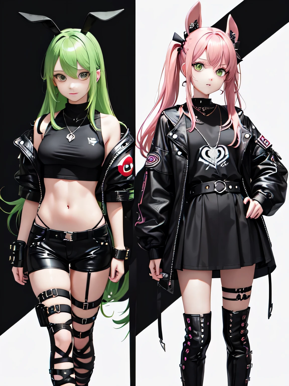 Nicole starts:

    Hair and Hairstyle:
        long wavy pastel pink hair.
        Black bows on both sides of the head, one on each side.

    Face and Expression:
        Youthful and lively face.
        Flirtatious smile and a wink in her left eye.
        Vibrant green eyes with an enthusiastic glow.

    outfit:
        Short black jacket that exposes the shoulders.
        White cropped t-shirt with a black graphic design.
        Black shorts with lace details and various straps and buckles.
        tall black boots.

    accessories:
        Necklace with a heart-shaped pendant.
        yellow earrings.
        Small green backpack in the shape of a rabbit with a red cross in one eye and black and white details.

    equipment:
        Large dark metal box with symbols and letters.

Context and Style:

    Character with a confident and outgoing attitude.
    Punk and rebellious style, with kawaii touches.
    Futuristic or urban fantasy world.
    Central figure in a team of adventurers or in an action and exploration story.