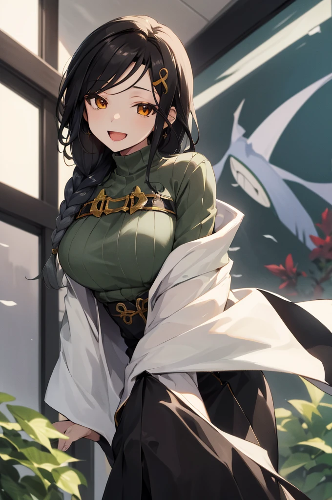 masterpiece, best quality, highres, st1, green sweater, braid, hair ornament, black skirt, large breasts, long skirt, shawl , leaning forward, smile, open mouth,