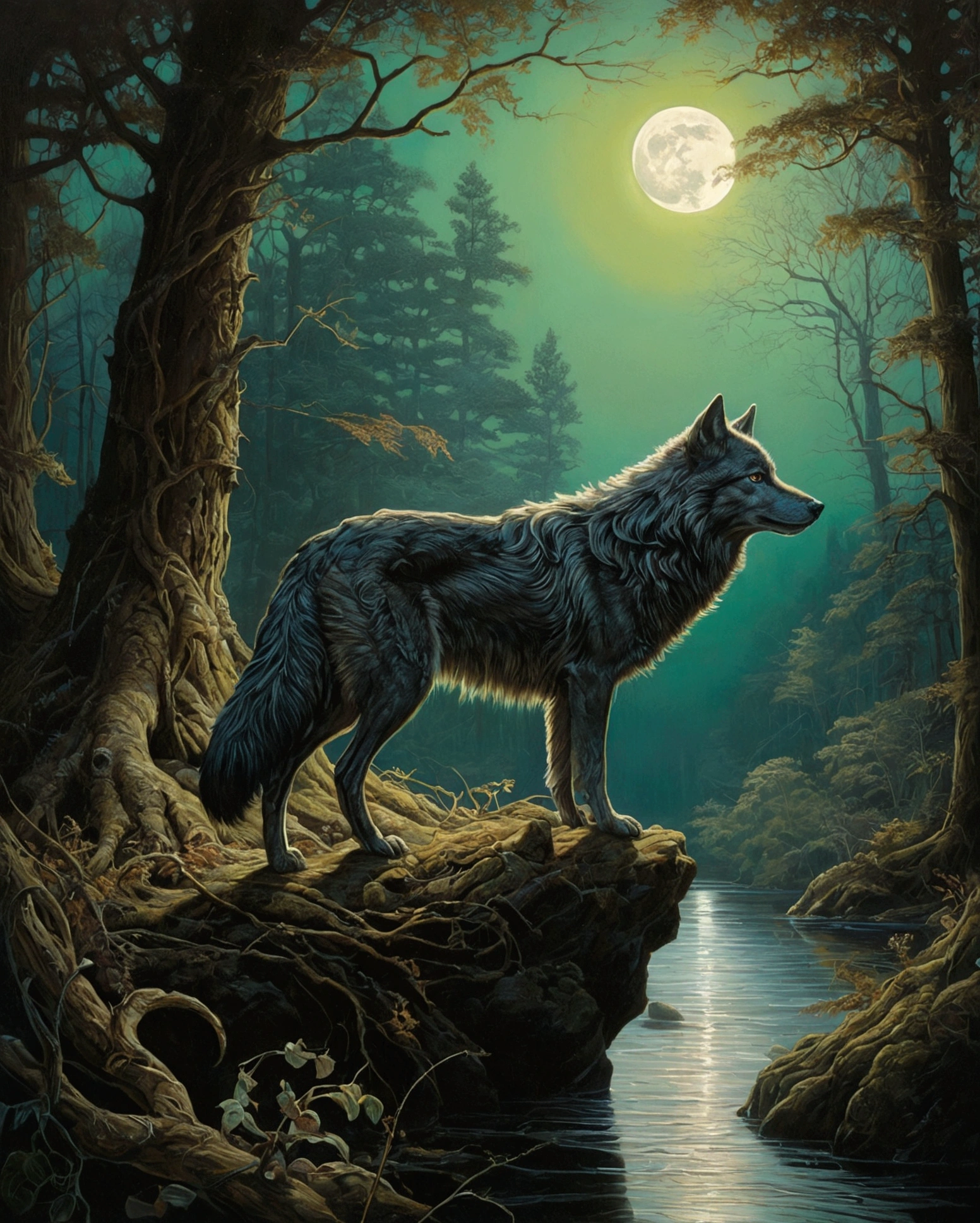 arte de Aaron Horkey, , , ultra highly detailed, 32k, sharp focus, Luminism, Detailed oil painting, moonligh, detailed sky, dark wolf with large highly detailed, by Anato Finnstark . detailed landscape, Aesthetics of Northern Tales, dynamic movement, big reflective eyes, forst,Ablaze, swirling leaves, emerald fog, Mystic, complex background, dynamic lighting, lights, complicated pose, highly detailed filigree, complicated, Baroque, hudson river school, Thomas Cole, work of art