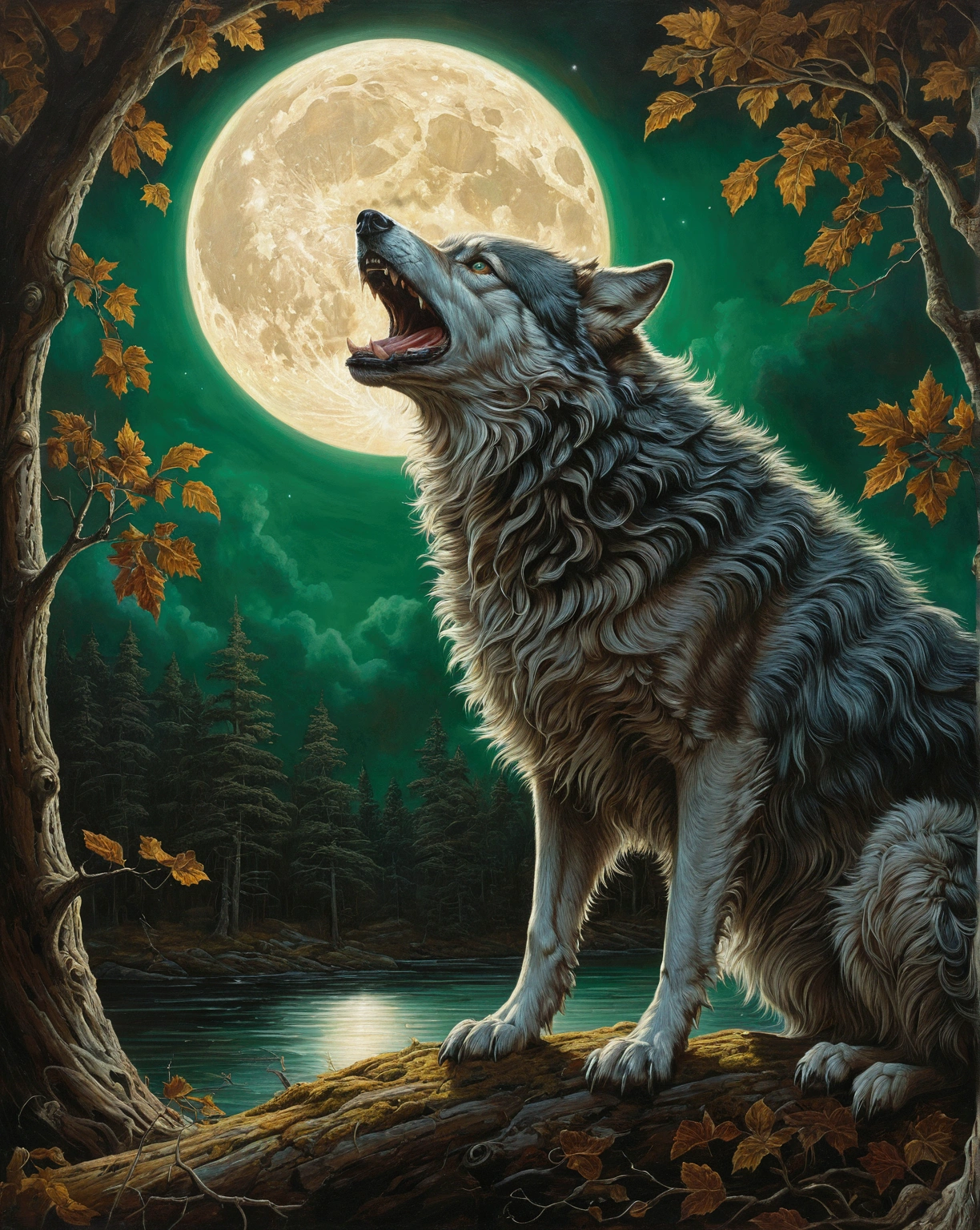arte de Aaron Horkey, , , ultra highly detailed, 32k, sharp focus, Luminism, Detailed oil painting, moonligh, detailed sky, dark wolf with large highly detailed, by Anato Finnstark . detailed landscape, Aesthetics of Northern Tales, dynamic movement, big reflective eyes, forst,Ablaze, swirling leaves, emerald fog, Mystic, complex background, dynamic lighting, lights, complicated pose, highly detailed filigree, complicated, Baroque, hudson river school, Thomas Cole, work of art