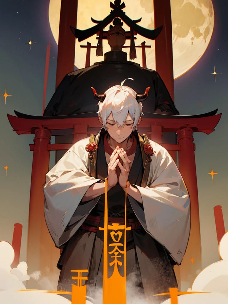 Buddha, horns, white short hair, black armor, torii gate, man, full moon, hands together in prayer, third eye