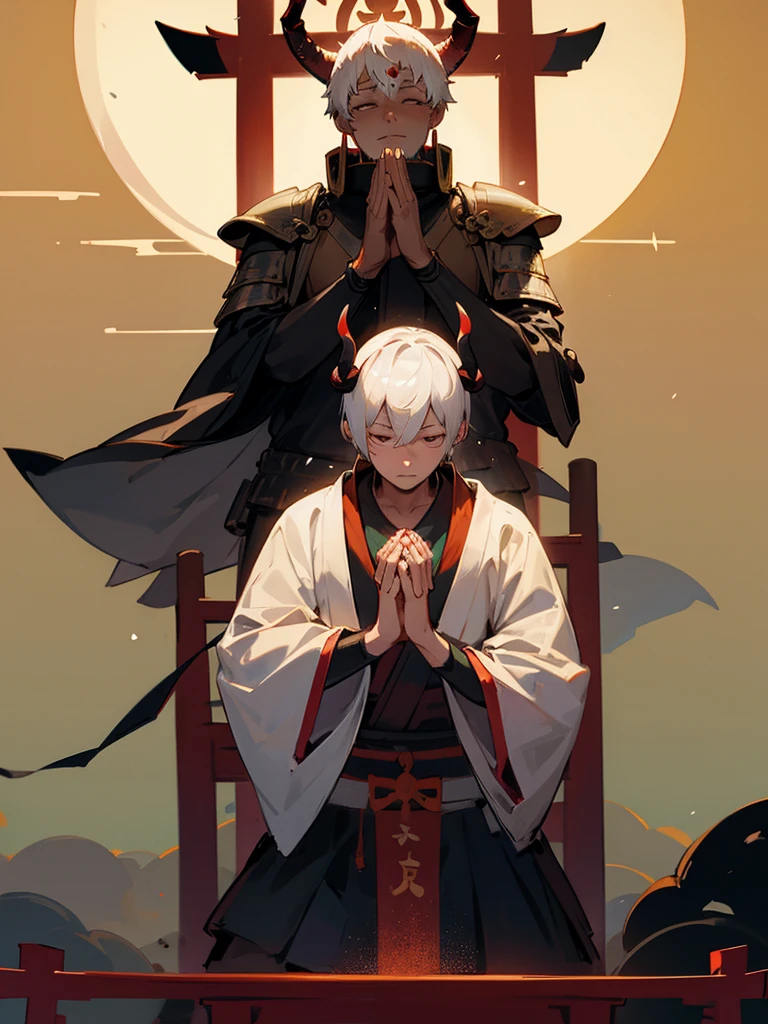 Buddha, horns, white short hair, black armor, torii gate, man, full moon, hands together in prayer, third eye
