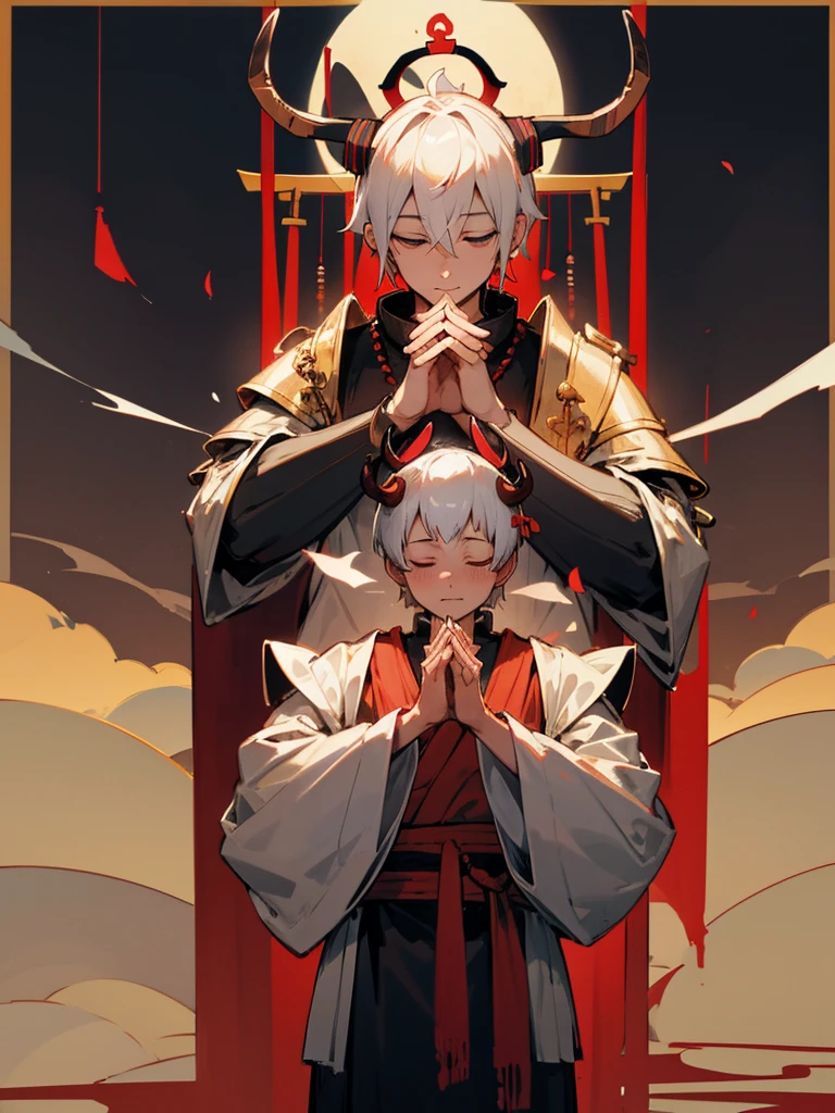 Buddha, horns, white short hair, black armor, torii gate, man, full moon, hands together in prayer, third eye