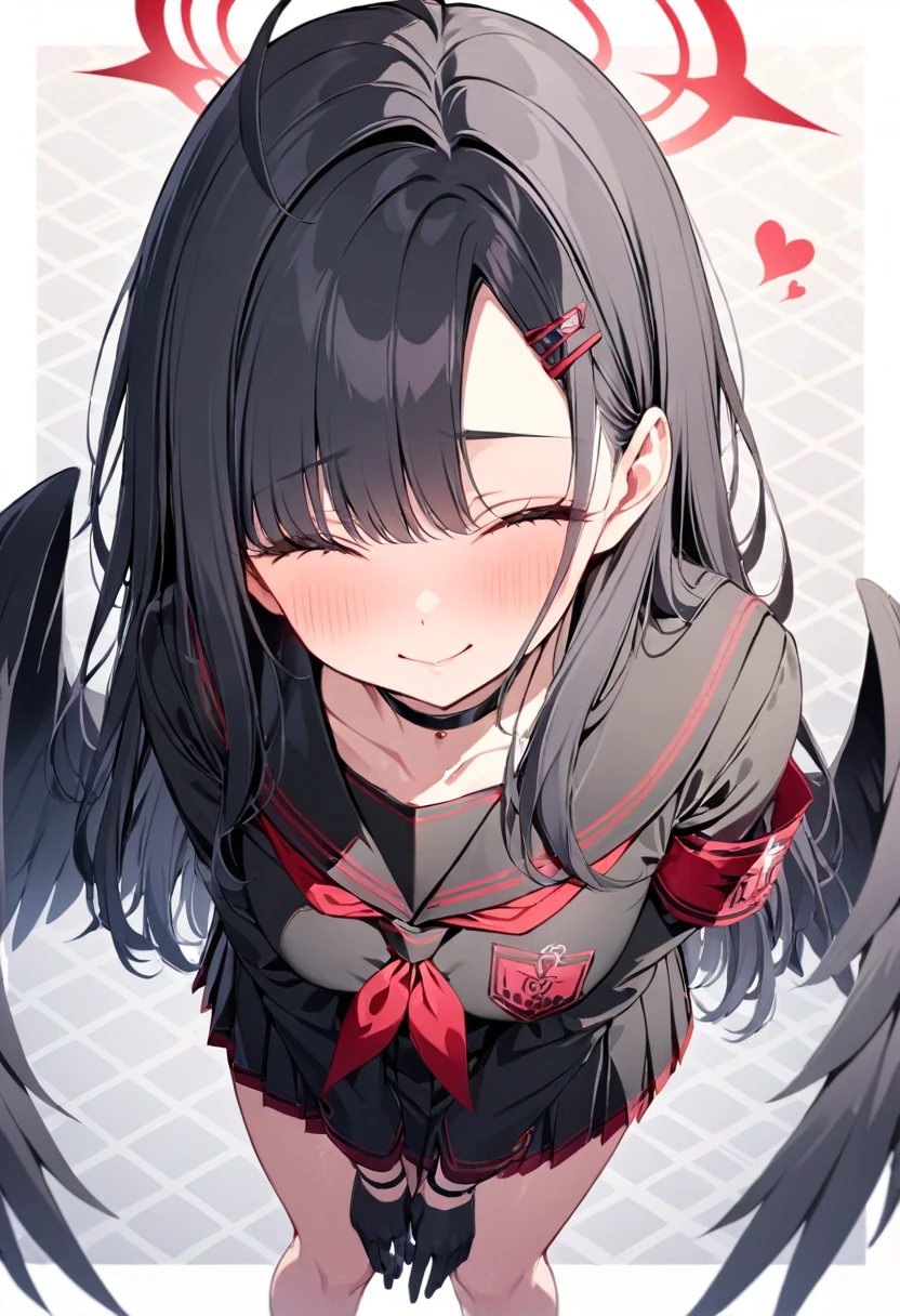 (smile:0.8), patterned background, outside border, heart background, from above, (closed mouth:0.6),masterpiece, best quality, (looking at viewer:1.2), 1girl,ichika ba, black choker, serafuku, solo, ahoge, pleated skirt, gloves, black shirt, wings, blush, red neckerchief, black gloves, armband, low wings, , neckerchief, halo, long sleeves, long hair, choker, black hair, hair ornament, black sailor collar, 1girl, black skirt, black serafuku, skirt, closed eyes, black wings, sailor collar, hairclip,