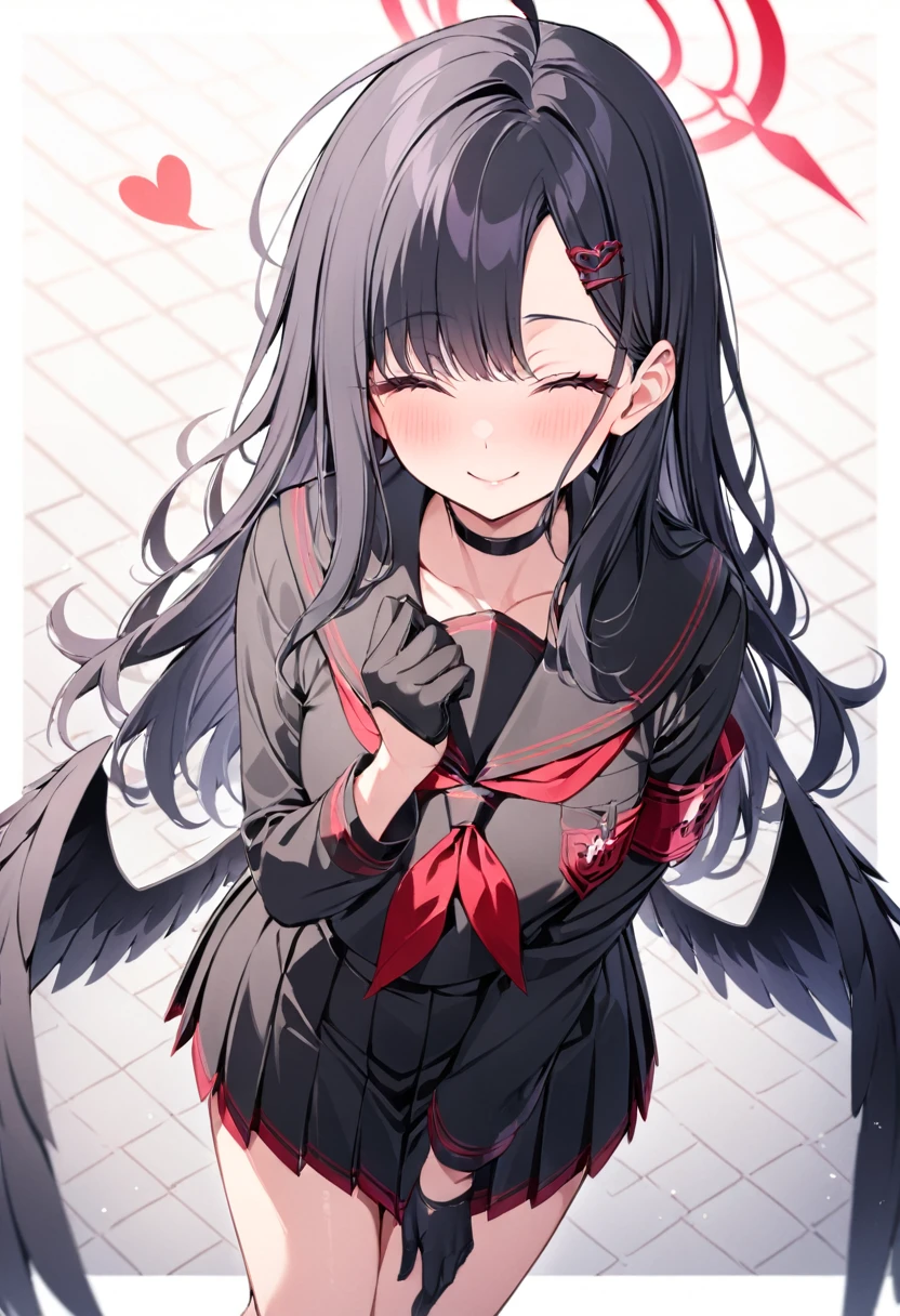 (smile:0.8), patterned background, outside border, heart background, from above, (closed mouth:0.6),masterpiece, best quality, (looking at viewer:1.2), 1girl,ichika ba, black choker, serafuku, solo, ahoge, pleated skirt, gloves, black shirt, wings, blush, red neckerchief, black gloves, armband, low wings, , neckerchief, halo, long sleeves, long hair, choker, black hair, hair ornament, black sailor collar, 1girl, black skirt, black serafuku, skirt, closed eyes, black wings, sailor collar, hairclip,