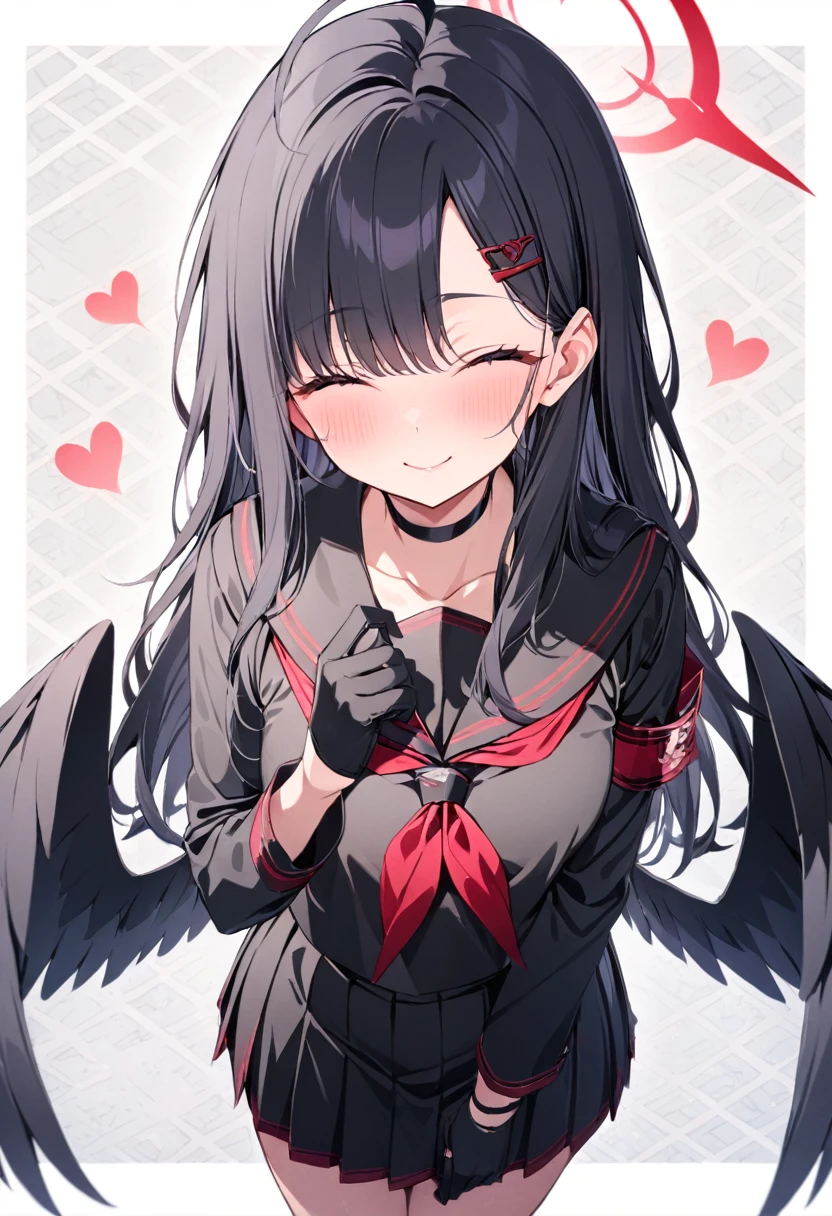 (smile:0.8), patterned background, outside border, heart background, from above, (closed mouth:0.6),masterpiece, best quality, (looking at viewer:1.2), 1girl,ichika ba, black choker, serafuku, solo, ahoge, pleated skirt, gloves, black shirt, wings, blush, red neckerchief, black gloves, armband, low wings, , neckerchief, halo, long sleeves, long hair, choker, black hair, hair ornament, black sailor collar, 1girl, black skirt, black serafuku, skirt, closed eyes, black wings, sailor collar, hairclip,