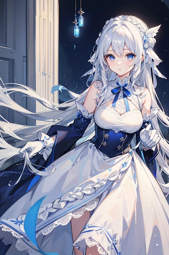 A woman with white hair and blue eyes、adult、Long, fluffy wavy hair、Braiding、Wearing hair ornaments、Princess、White gloves、blue and white lace dress、Blue and white ribbon、The dress is short in the front and long in the back、Garter Ring、Fantasy