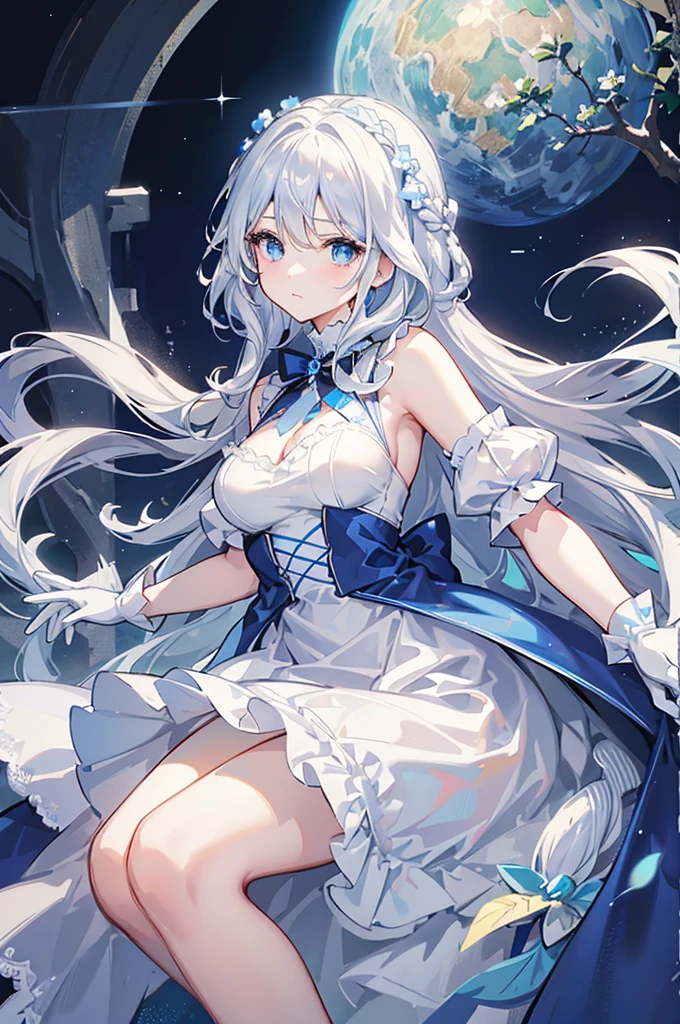 A woman with white hair and blue eyes、adult、Long, fluffy wavy hair、Braiding、Wearing hair ornaments、Princess、White gloves、blue and white lace dress、Blue and white ribbon、The dress is short in the front and long in the back、Garter Ring、Fantasy