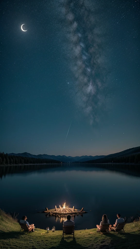 A starry night with the full moon shining over a peaceful lake. People sitting by the lake, maybe with a fire next to it, criando uma atmosfera acolhedora e relaxante.
