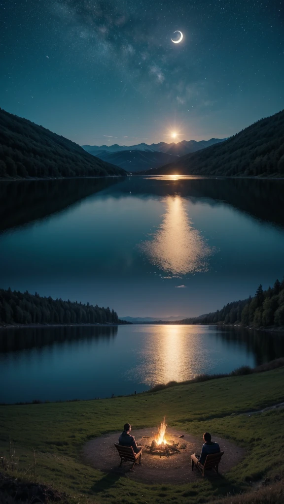 A starry night with the full moon shining over a peaceful lake. People sitting by the lake, maybe with a fire next to it, criando uma atmosfera acolhedora e relaxante.