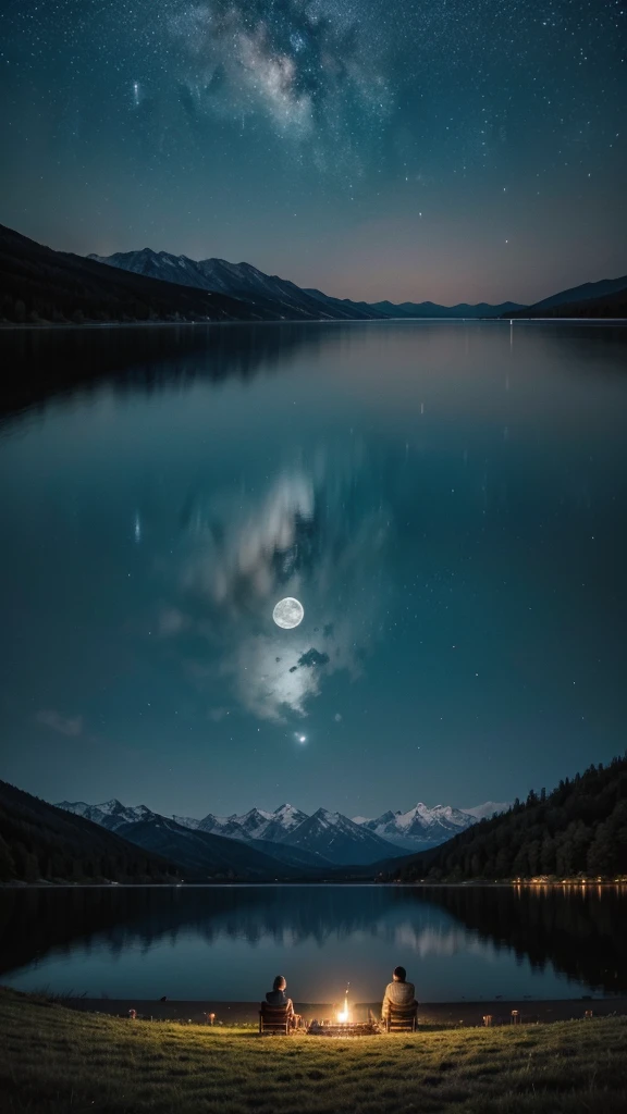 A starry night with the full moon shining over a peaceful lake. People sitting by the lake, maybe with a fire next to it, criando uma atmosfera acolhedora e relaxante.