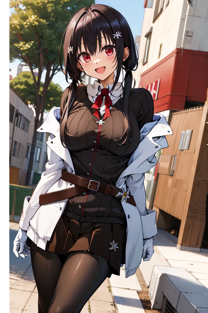 masterpiece, best quality, highres, hmhy1, low twintails, hair ornament, huge breasts, red ribbon, collared shirt, sweater, labcoat, open clothes, off shoulder, long sleeves, flower, belt, white gloves, pleated skirt, black pantyhose, cowboy shot, standing, outdoors, smile, open mouth