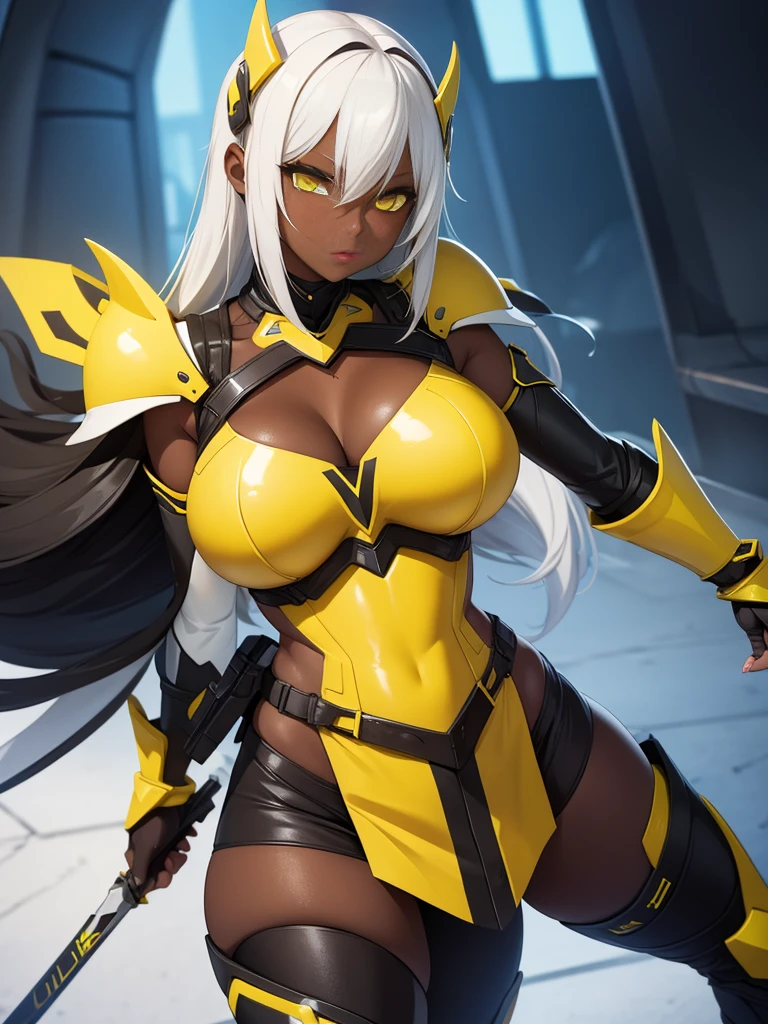 girl, With big breasts, with futuristic yellow armor, yellow eyes, for white, dark ebony skin