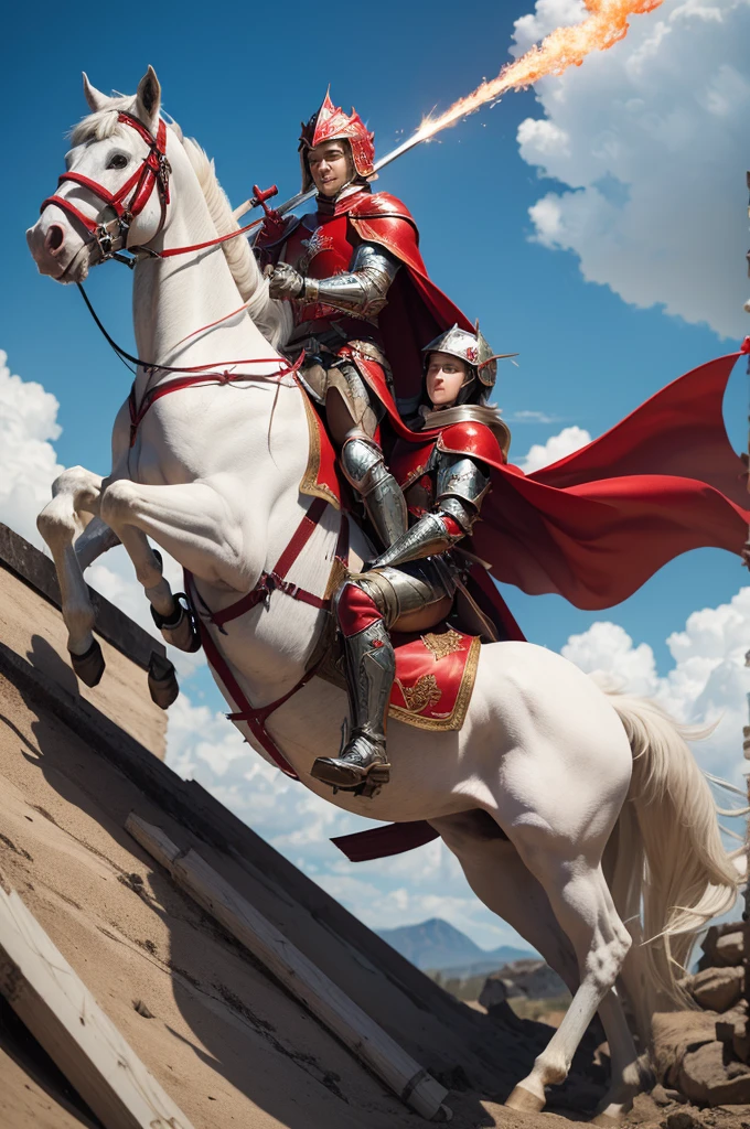 Make Saint George in armor with a red cape and a spear riding a white horse killing a fire-breathing red dragon,as if painted with graffiti