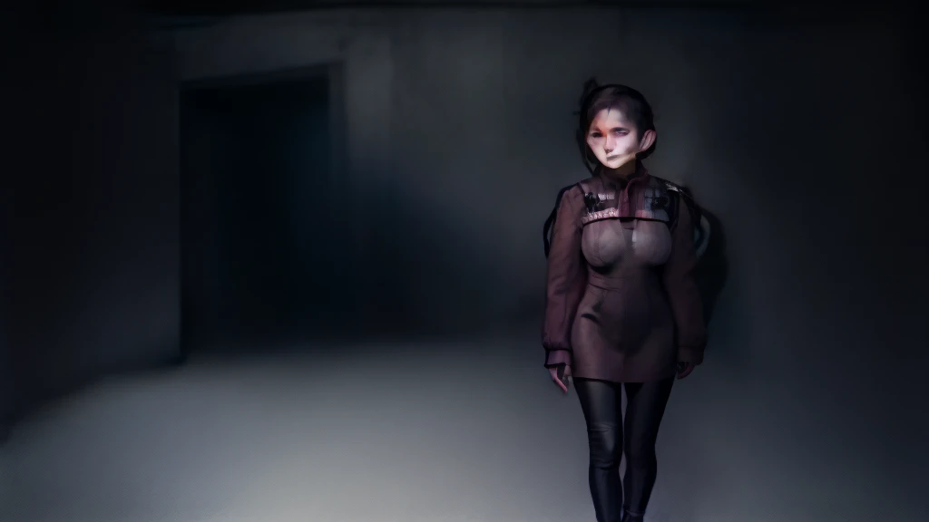 A young woman with a determined expression, dressed in modern and elegant clothes, walking through a busy city. In the background, the silhouette of an old house with shadows of family members looking enviously. The city should be illuminated with bright lights, highlighting the contrast between her dark past and her successful present.