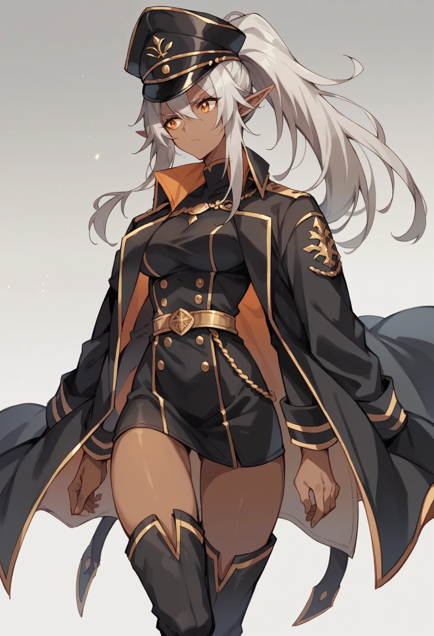 orange eyes,dark elf,grey hair,1lady,high ponytail, gold and black coat,jewelry,gold and black uniform,military hat,thigh boots,
