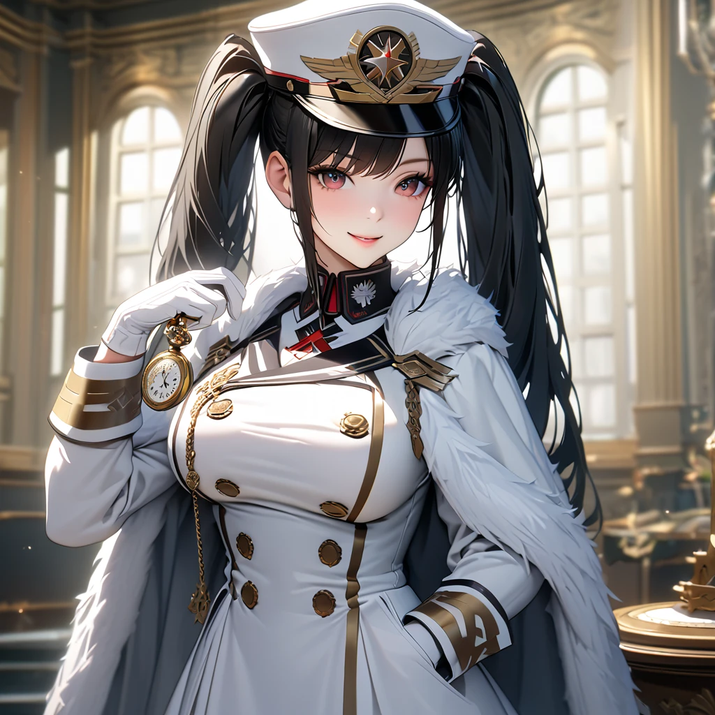 A woman wearing a white military uniform with gold details, a long white military skirt, black boots, wearing a white fur cape, holding a pocket watch, a large shiny golden watch with Roman numerals, white gloves, black hair, long hair, twintails,white military hat with gold details, burgundy eyes, smiling, big breasts, postured standing, in a luxury German room,,UHD , prime work , accurate , anatomically correct , textured skin , super details , high quality , best quality, 8k, high resolution, bokeh effect. (woman alone), close view. realistic
