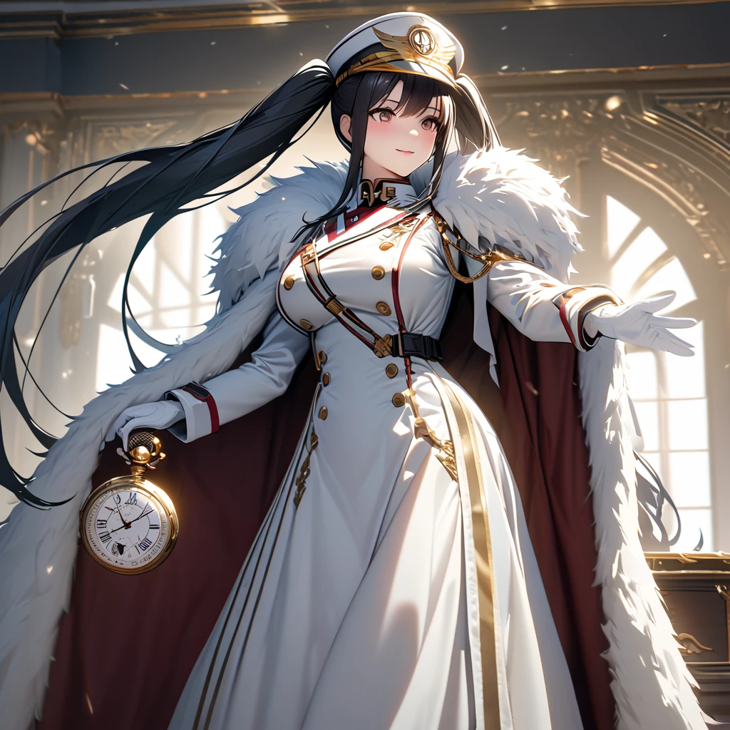 A woman wearing a white military uniform with gold details, a long white military skirt, black boots, wearing a white fur cape, holding a pocket watch, a large shiny golden watch with Roman numerals, white gloves, black hair, long hair, twintails,white military hat with gold details, burgundy eyes, smiling, big breasts, postured standing, in a luxury German room,,UHD , prime work , accurate , anatomically correct , textured skin , super details , high quality , best quality, 8k, high resolution, bokeh effect. (woman alone), close view. realistic
