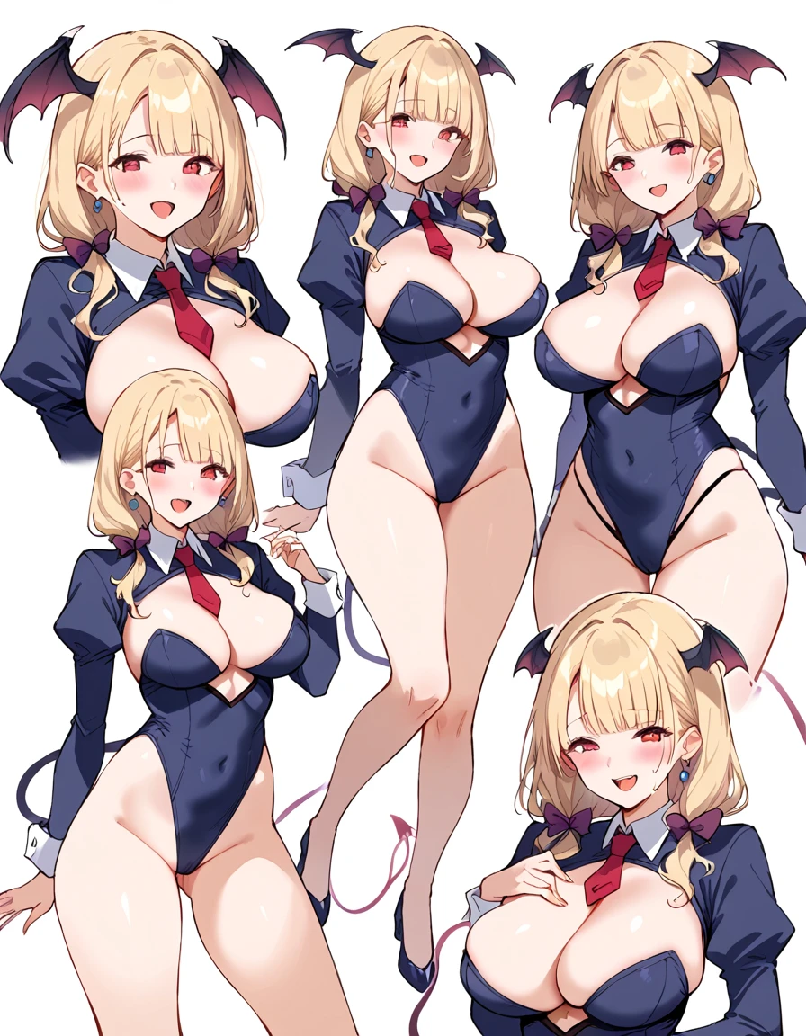 3 girls, sex, expressions, variety of hairstyles, variety of bangs, high fantasy costume, ((white background)), full body, multiple views, succubus, thong, shrug, leotard, cleavage, tie,