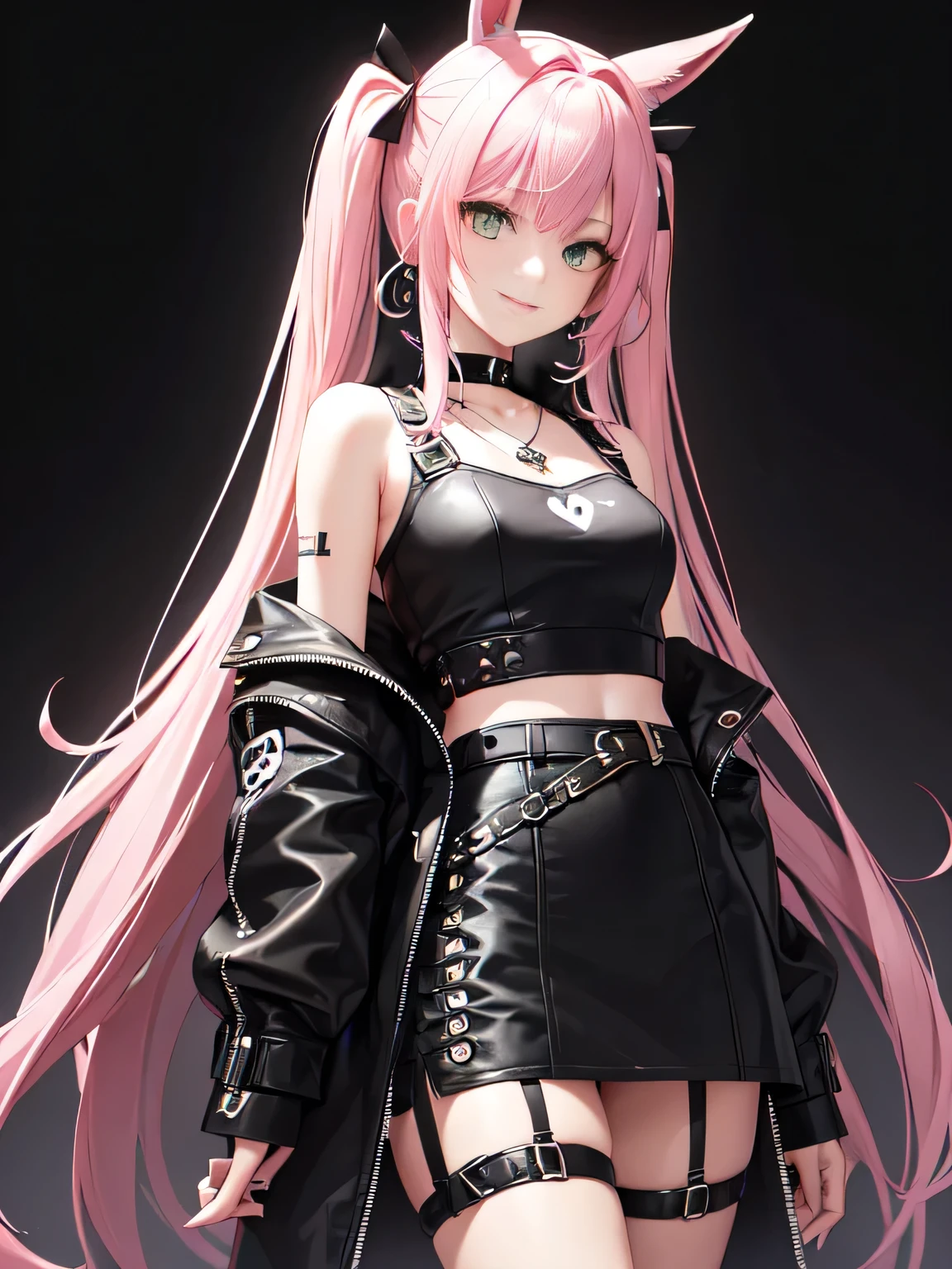 (all intricate details, Zenless Zone Zero style, 1 girl view, Nicole Demara):
Hair and Hairstyle:
Long wavy pastel pink hair.
Black bows on both sides of the head, one on each side.
Face and Expression:
Youthful and lively face.
Flirtatious smile and a wink in his left eye.
Vibrant green eyes with an enthusiastic glow.
Outfit:
Short black jacket that exposes the shoulders.
White cropped t-shirt with a black graphic design.
Black shorts with lace details and various straps and buckles.
High black boots.
Accessories:
Necklace with a heart-shaped pendant.
Yellow earrings.
Small green backpack in the shape of a rabbit with a red cross in one eye and black and white details.
Equipment:
Large dark metal box with symbols and letters.
Context and Style:
Character with a confident and outgoing attitude.
Punk and rebellious style, with kawaii touches.
Futuristic or urban fantasy world.
Central figure in a team of adventurers or in a story of action and exploration.