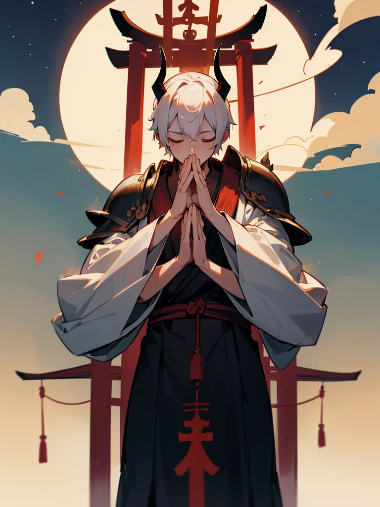Buddha, horns, white short hair, black armor, torii gate, man, full moon, hands together in prayer, third eye